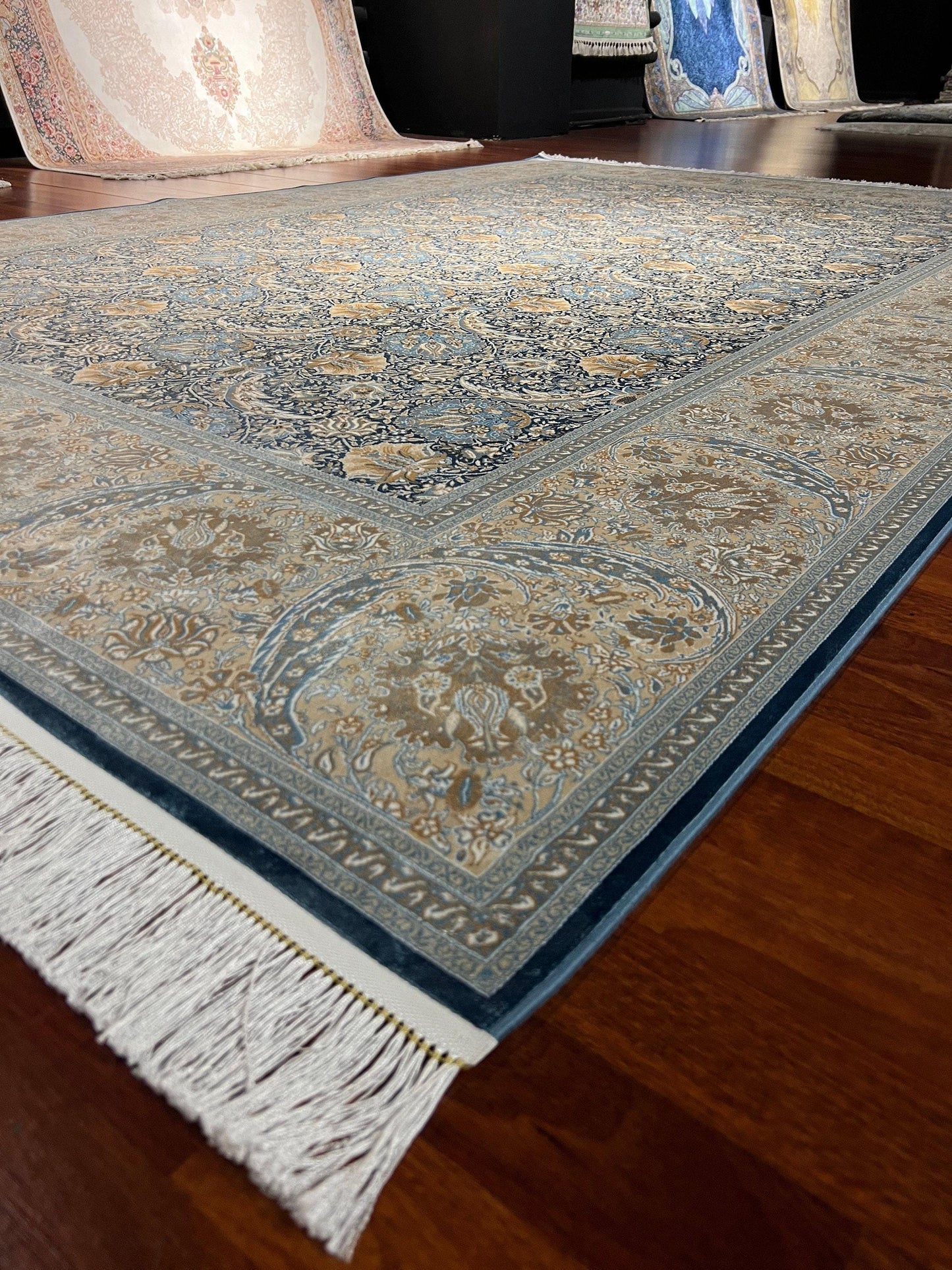 7x10 ft Blue Beige Bamboo Silk Rug, Elegant Classic Pattern Area Rug, Soft Luxury Living Room Carpet