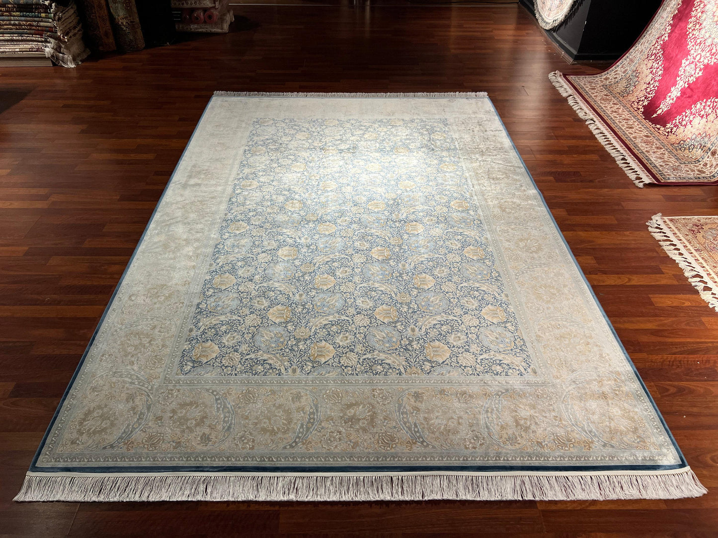 7x10 ft Blue Beige Bamboo Silk Rug, Elegant Classic Pattern Area Rug, Soft Luxury Living Room Carpet