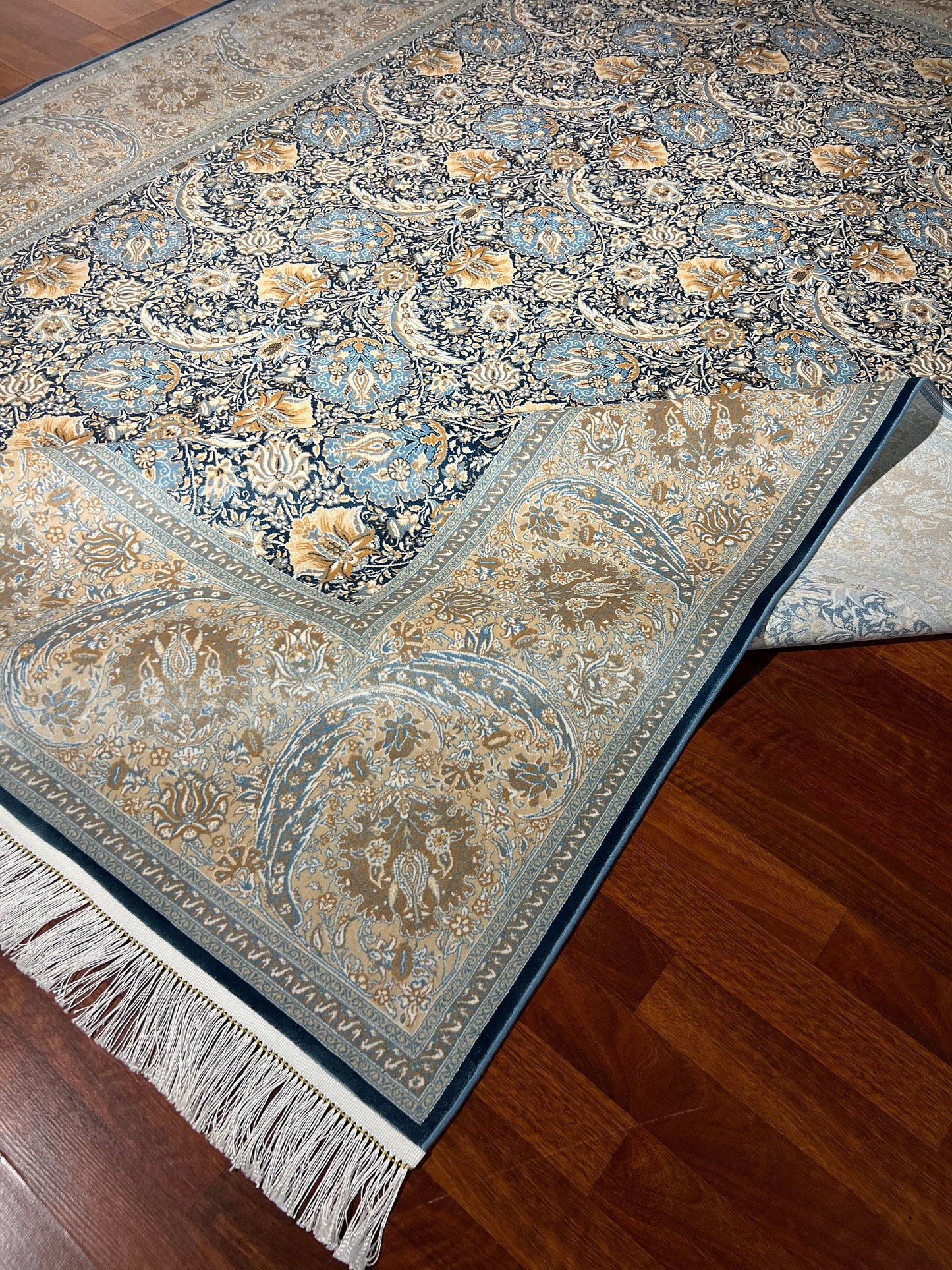 7x10 ft Blue Beige Bamboo Silk Rug, Elegant Classic Pattern Area Rug, Soft Luxury Living Room Carpet