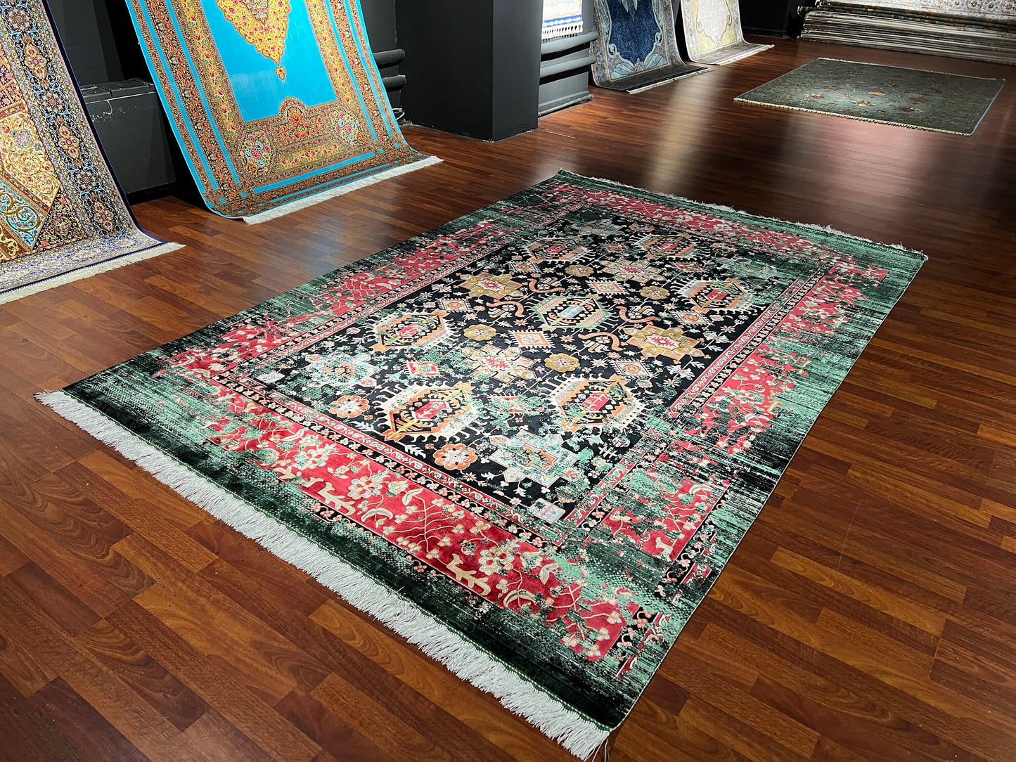 7x10 ft Black Gold Silk Rug, Palace Style Luxury Area Rug, Ornate Royal Living Room Carpet
