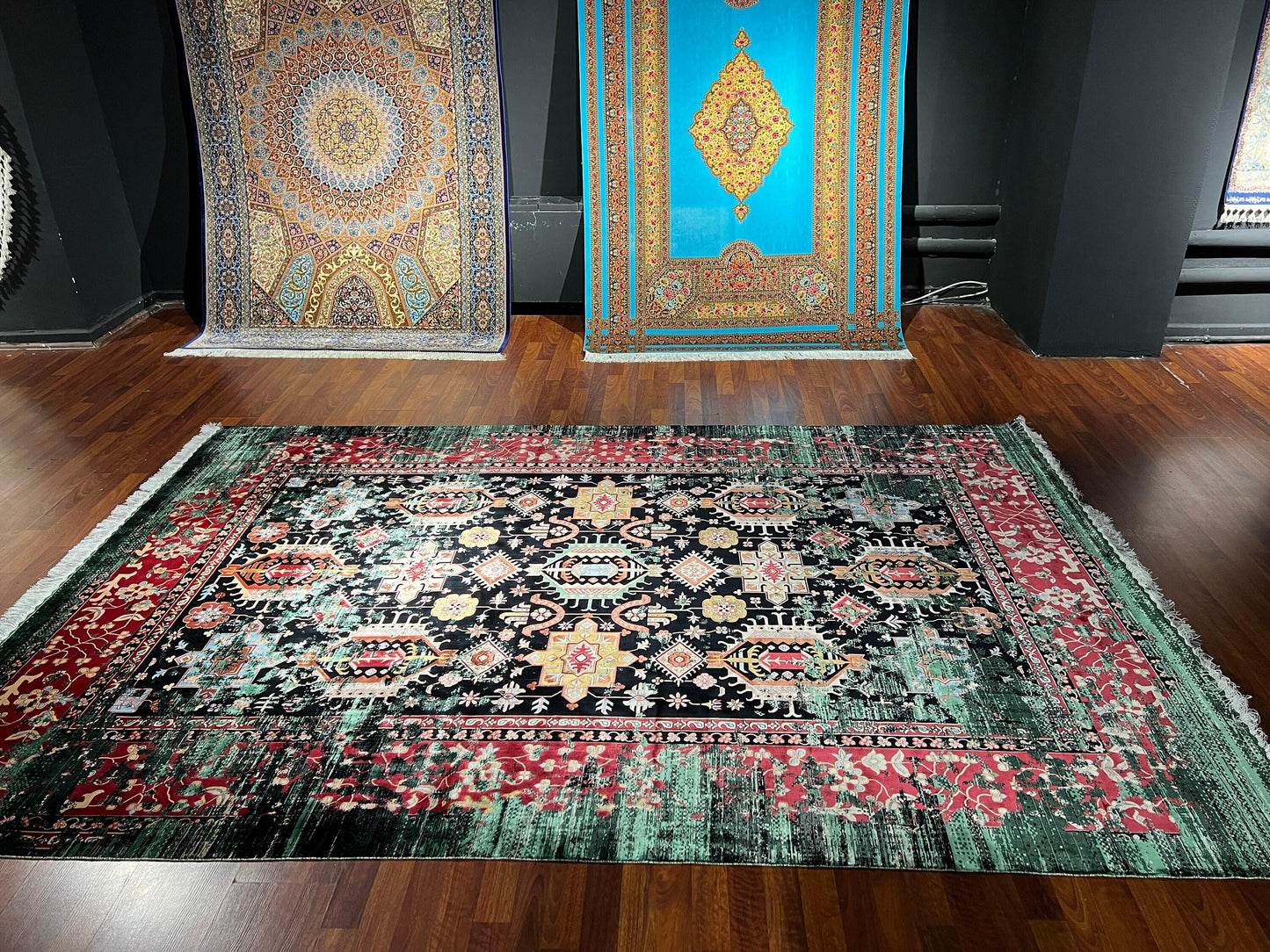 7x10 ft Black Gold Silk Rug, Palace Style Luxury Area Rug, Ornate Royal Living Room Carpet