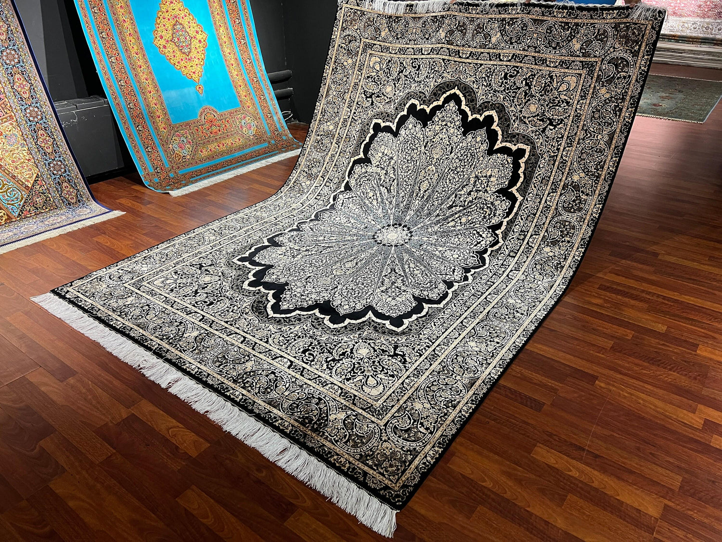 7x10 ft Black White Silk Rug, Modern Classic Medallion Area Rug, Luxury Living Room Carpet