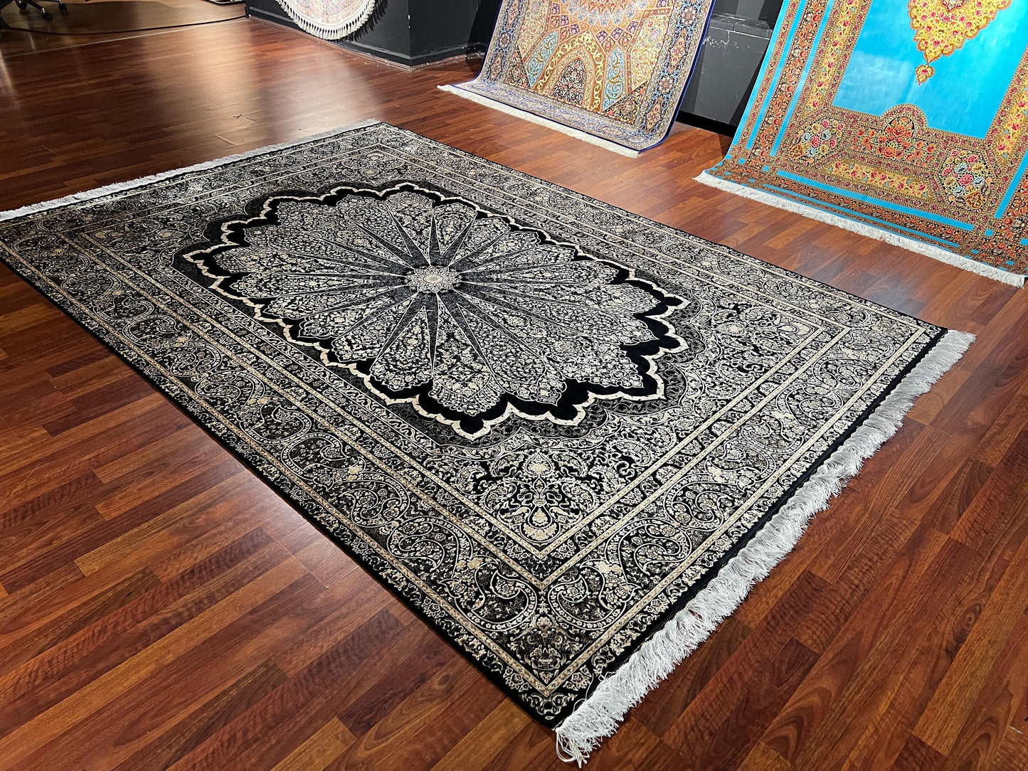 7x10 ft Black White Silk Rug, Modern Classic Medallion Area Rug, Luxury Living Room Carpet