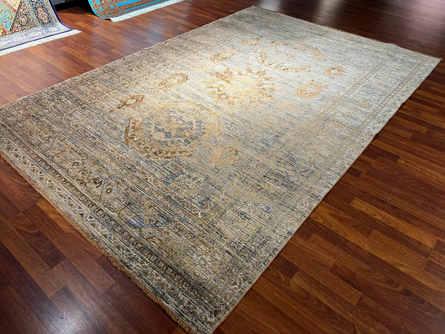 7x10 ft Beige Brown Vintage Rug, Distressed Modern Area Rug, Neutral Living Room Carpet