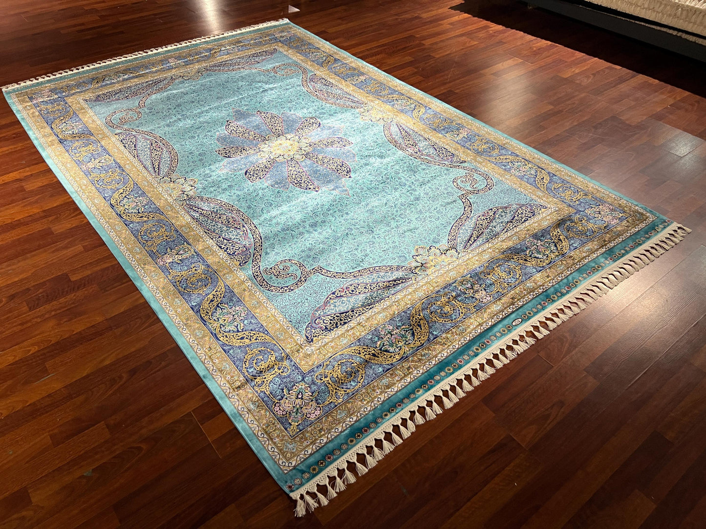 7x10 ft Turquoise Silk Rug, Aqua Blue Luxury Medallion Rug, Elegant Classic Area Rug