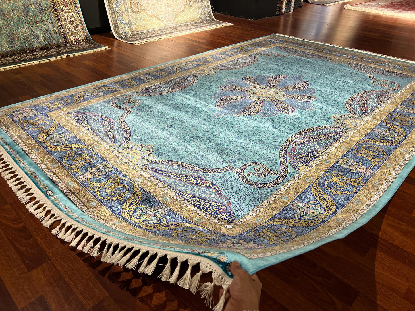 7x10 ft Turquoise Silk Rug, Aqua Blue Luxury Medallion Rug, Elegant Classic Area Rug