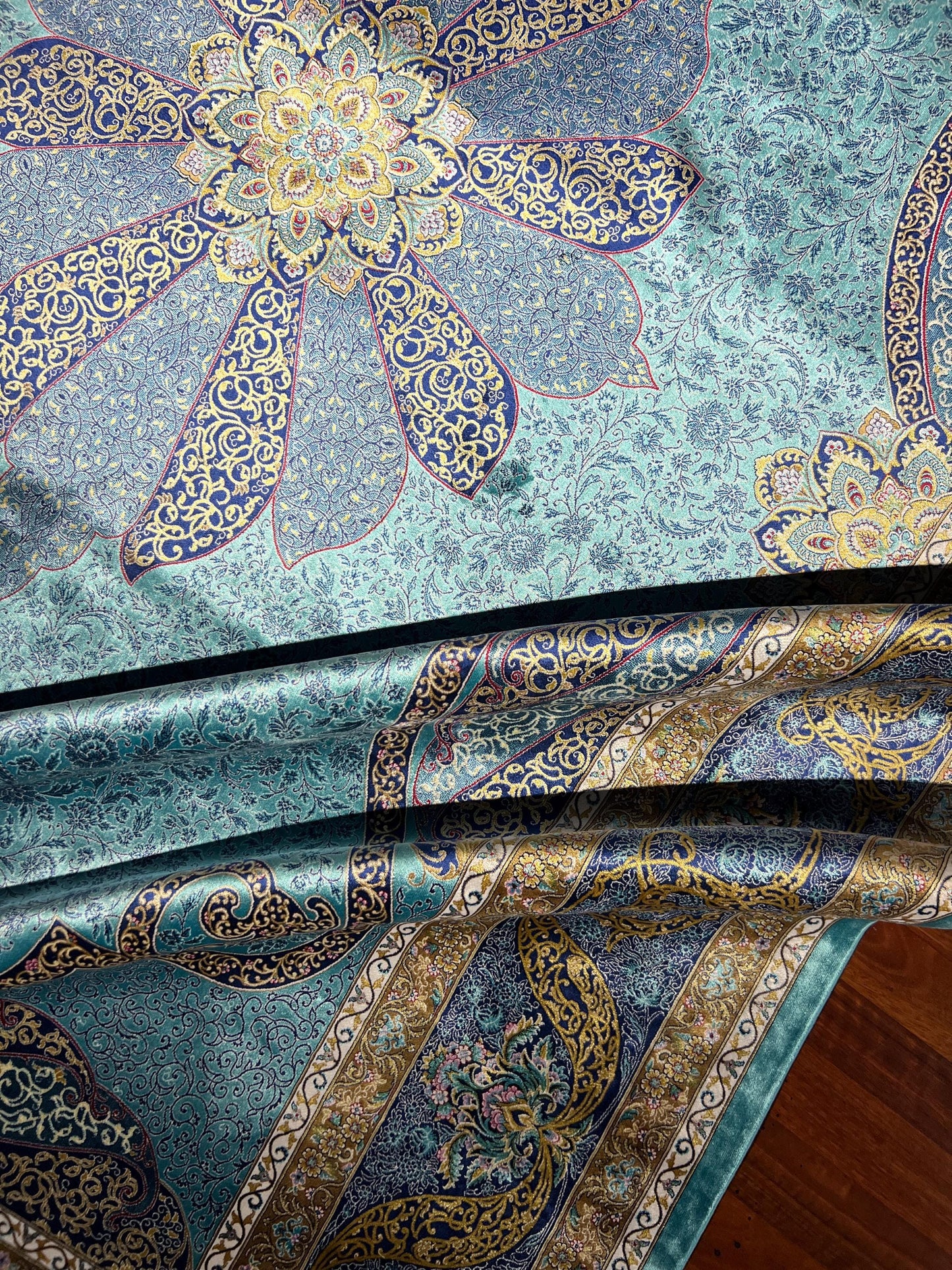 7x10 ft Turquoise Silk Rug, Aqua Blue Luxury Medallion Rug, Elegant Classic Area Rug