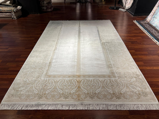 7x10 ft Gold Beige Silk Rug, Minimal Luxury Area Rug, Elegant Neutral Living Room Carpet