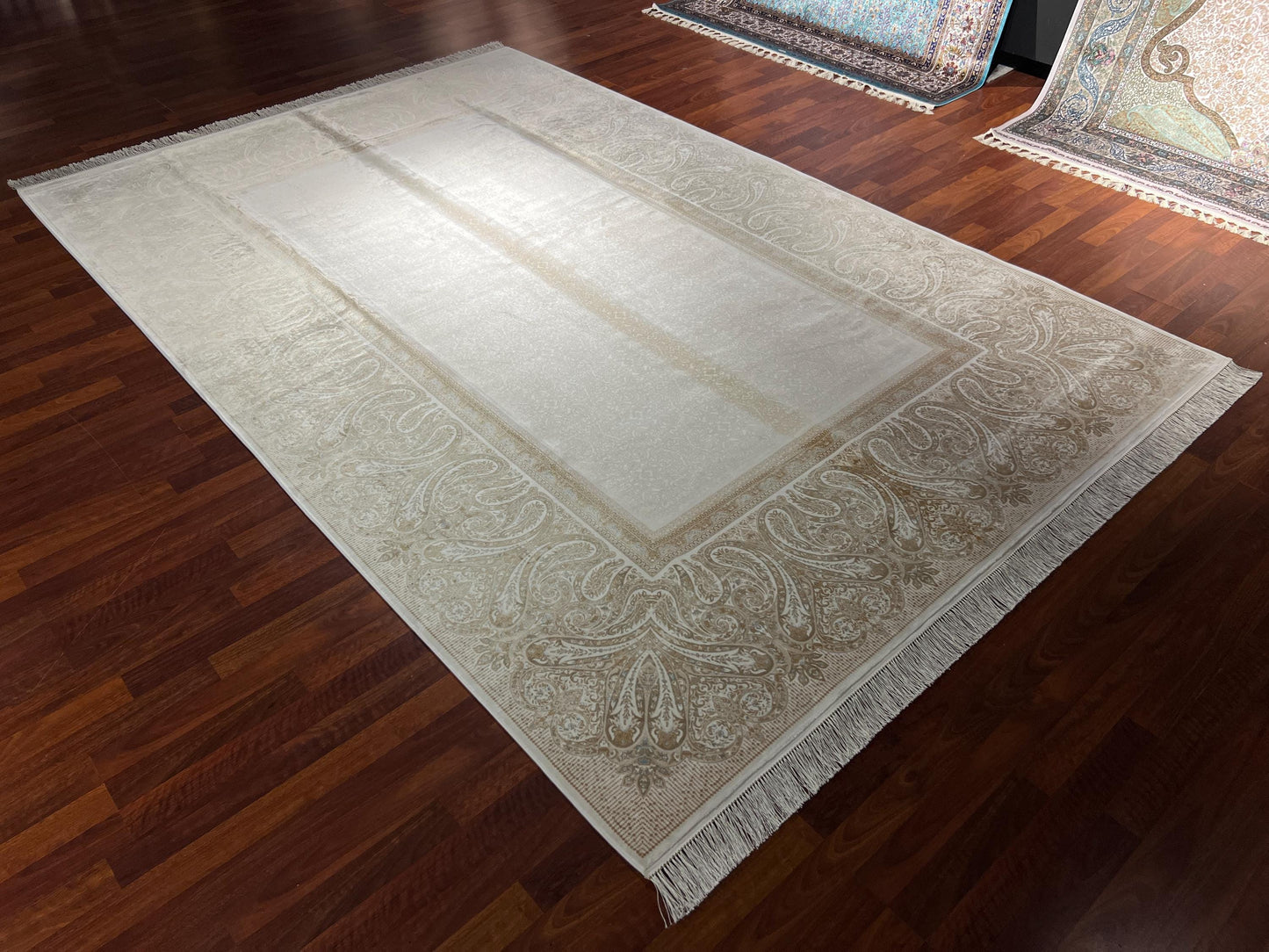 7x10 ft Gold Beige Silk Rug, Minimal Luxury Area Rug, Elegant Neutral Living Room Carpet