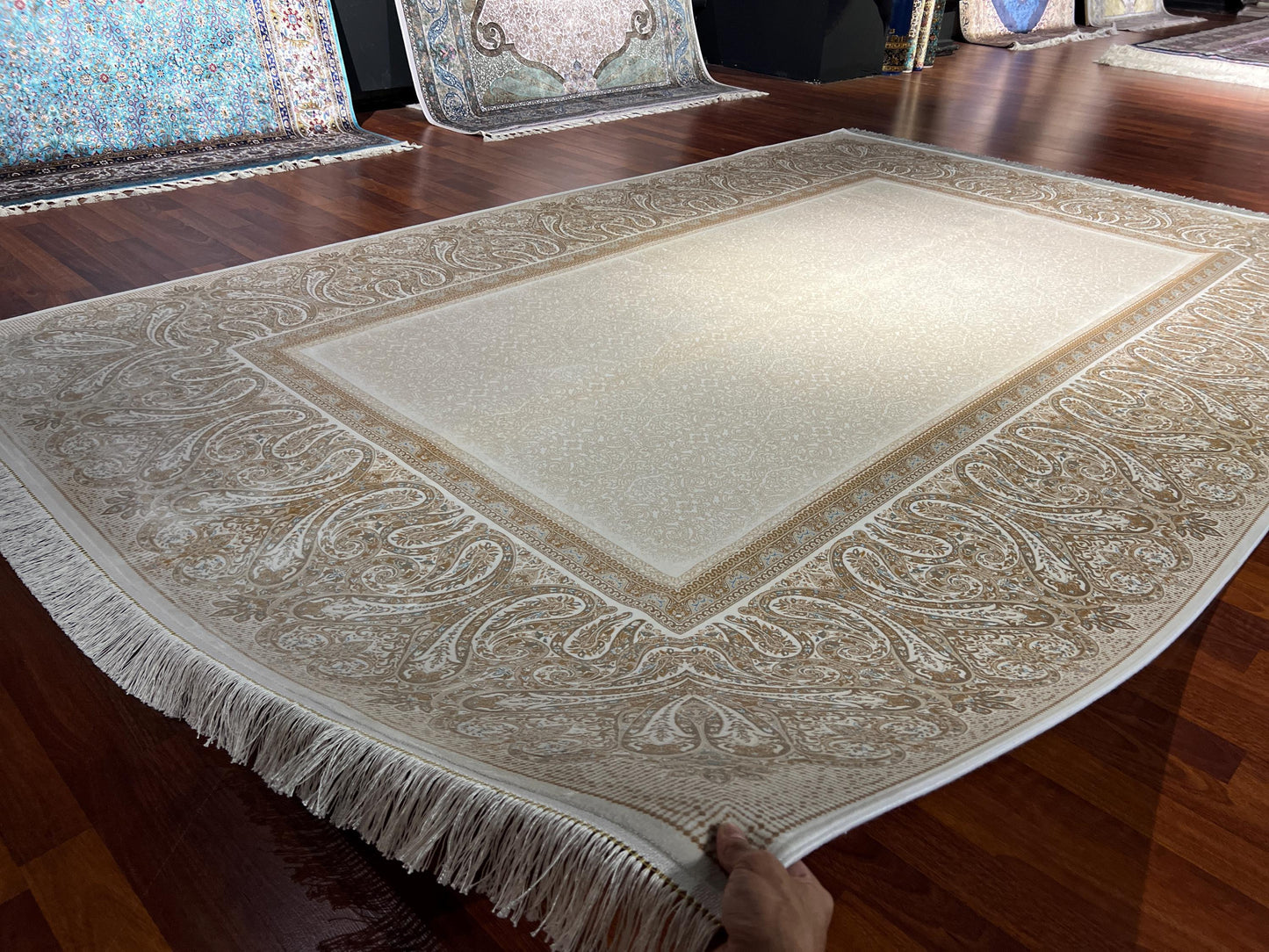 7x10 ft Gold Beige Silk Rug, Minimal Luxury Area Rug, Elegant Neutral Living Room Carpet