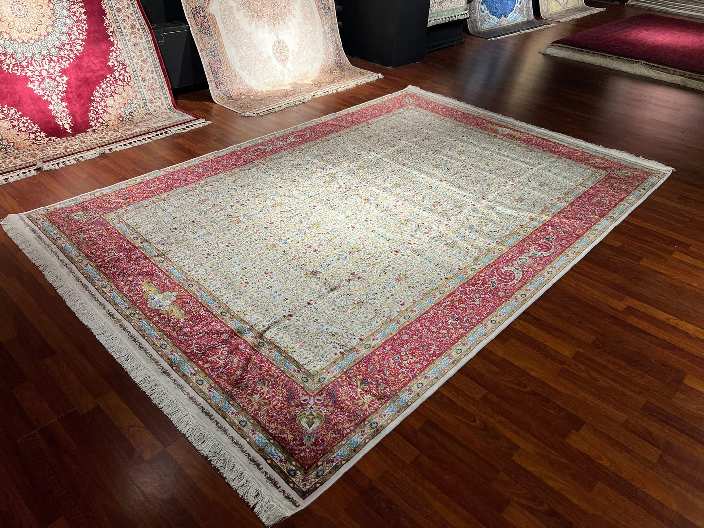 7x10 ft Cream Red Silk Rug, Floral Classic Luxury Area Rug, Elegant Living Room Carpet
