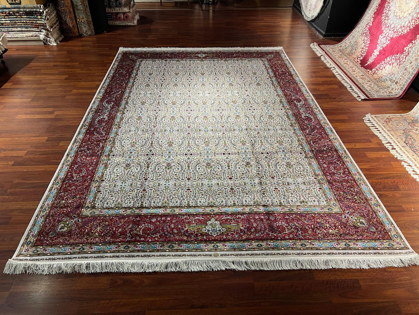 7x10 ft Cream Red Silk Rug, Floral Classic Luxury Area Rug, Elegant Living Room Carpet