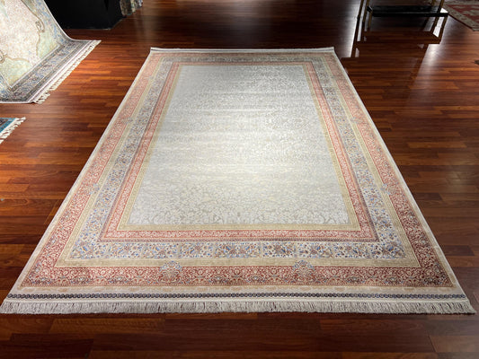 7x10 ft Beige Gold Silk Rug, Luxury Large Area Rug, Elegant Medallion Living Room Rug, Classic Decorative Palace Carpet
