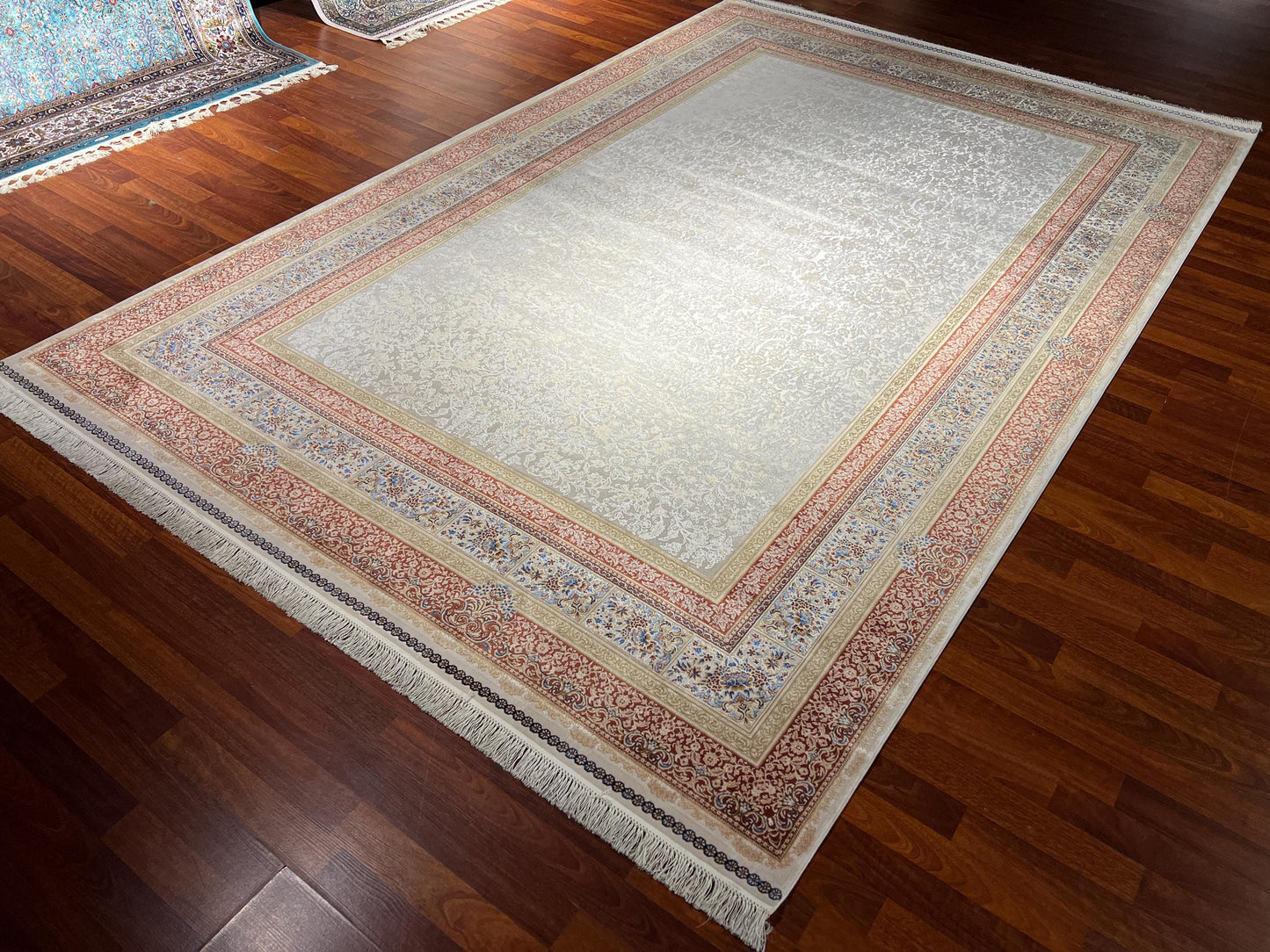 7x10 ft Beige Gold Silk Rug, Luxury Large Area Rug, Elegant Medallion Living Room Rug, Classic Decorative Palace Carpet