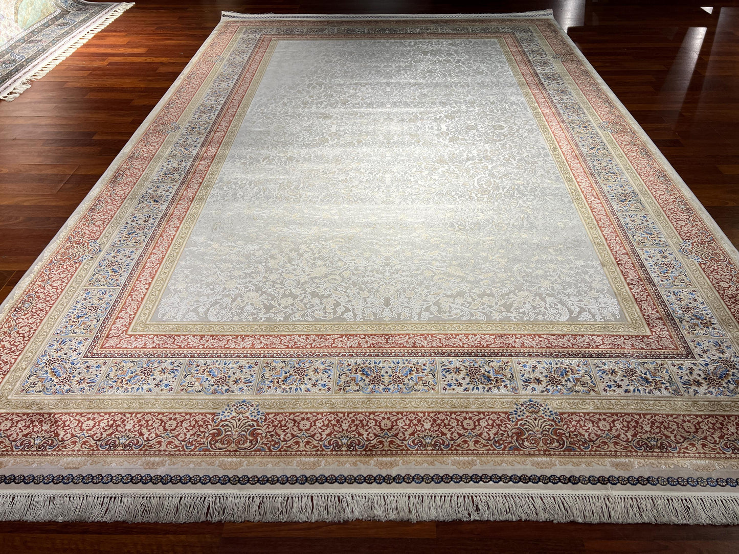7x10 ft Beige Gold Silk Rug, Luxury Large Area Rug, Elegant Medallion Living Room Rug, Classic Decorative Palace Carpet