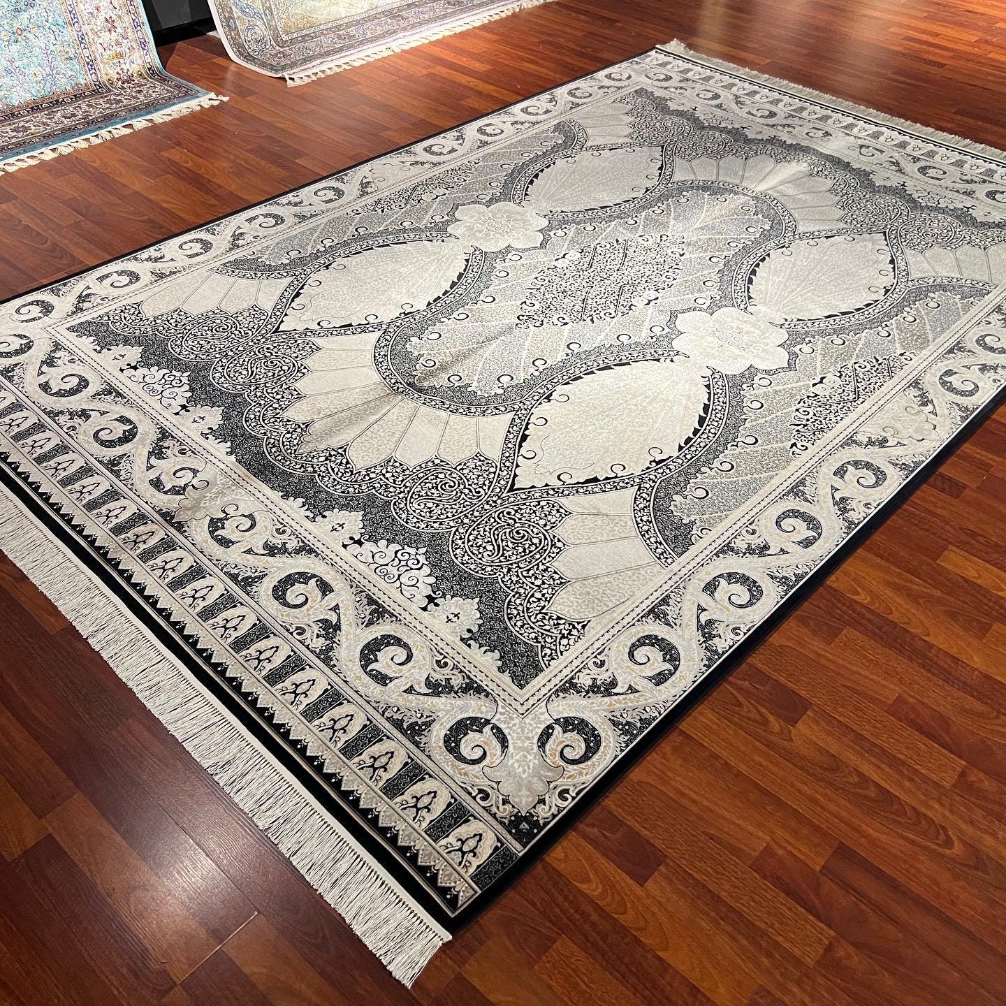 7x10 ft Black White Silk Rug, Bold Medallion Luxury Area Rug, Classic Statement Living Room Carpet
