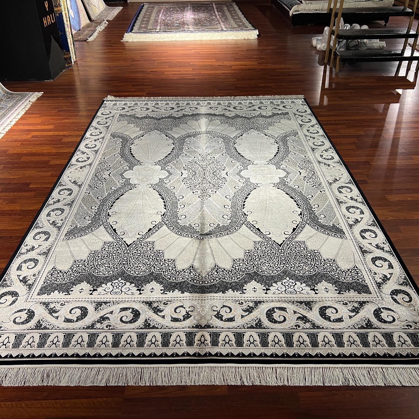 7x10 ft Black White Silk Rug, Bold Medallion Luxury Area Rug, Classic Statement Living Room Carpet