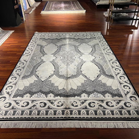 7x10 ft Black White Silk Rug, Bold Medallion Luxury Area Rug, Classic Statement Living Room Carpet