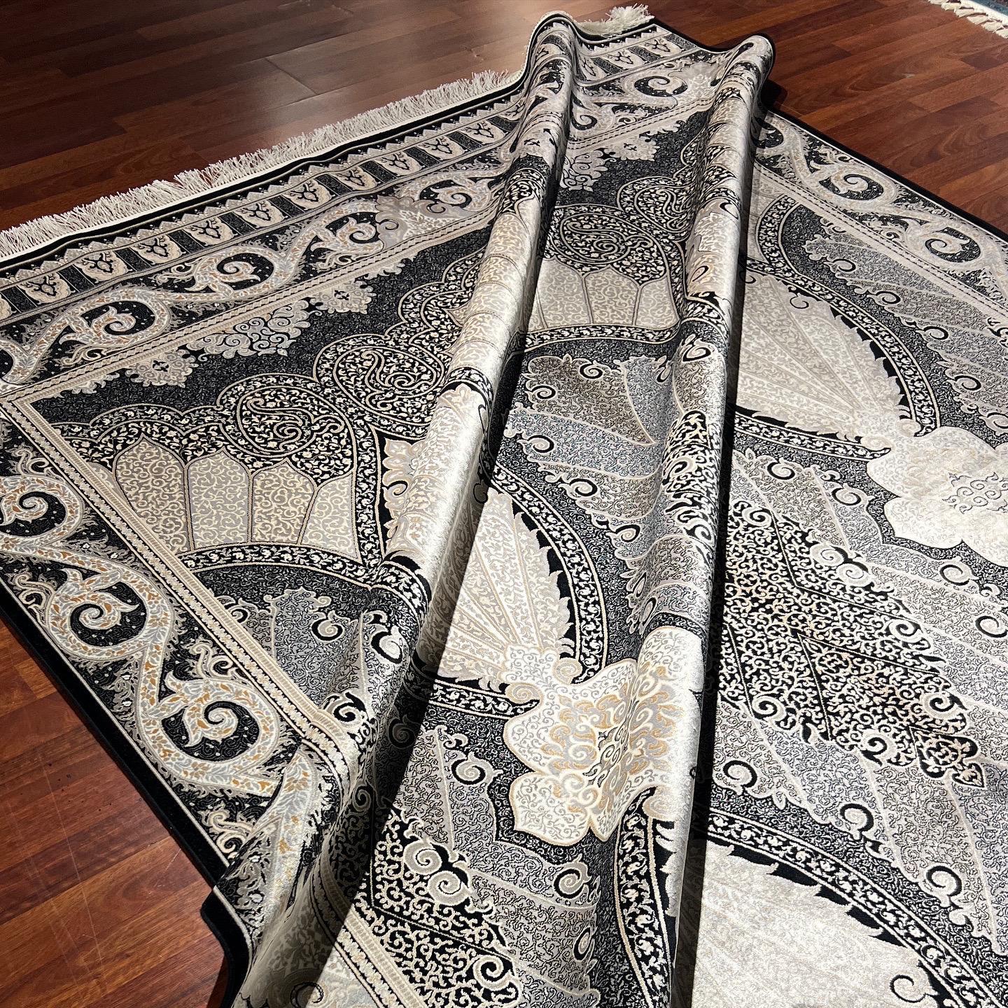 7x10 ft Black White Silk Rug, Bold Medallion Luxury Area Rug, Classic Statement Living Room Carpet