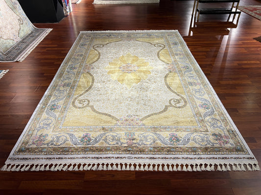 7x10 ft Gold Silk Rug, Classic Medallion Luxury Area Rug, Elegant Palace Style Living Room Carpet