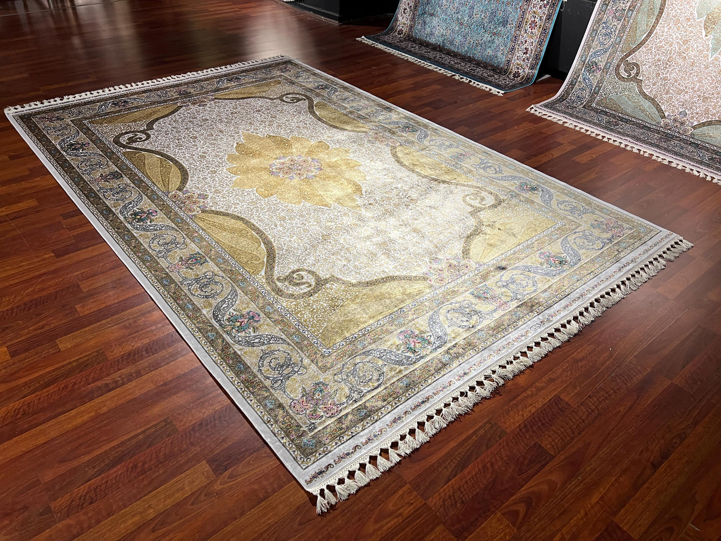 7x10 ft Gold Silk Rug, Classic Medallion Luxury Area Rug, Elegant Palace Style Living Room Carpet