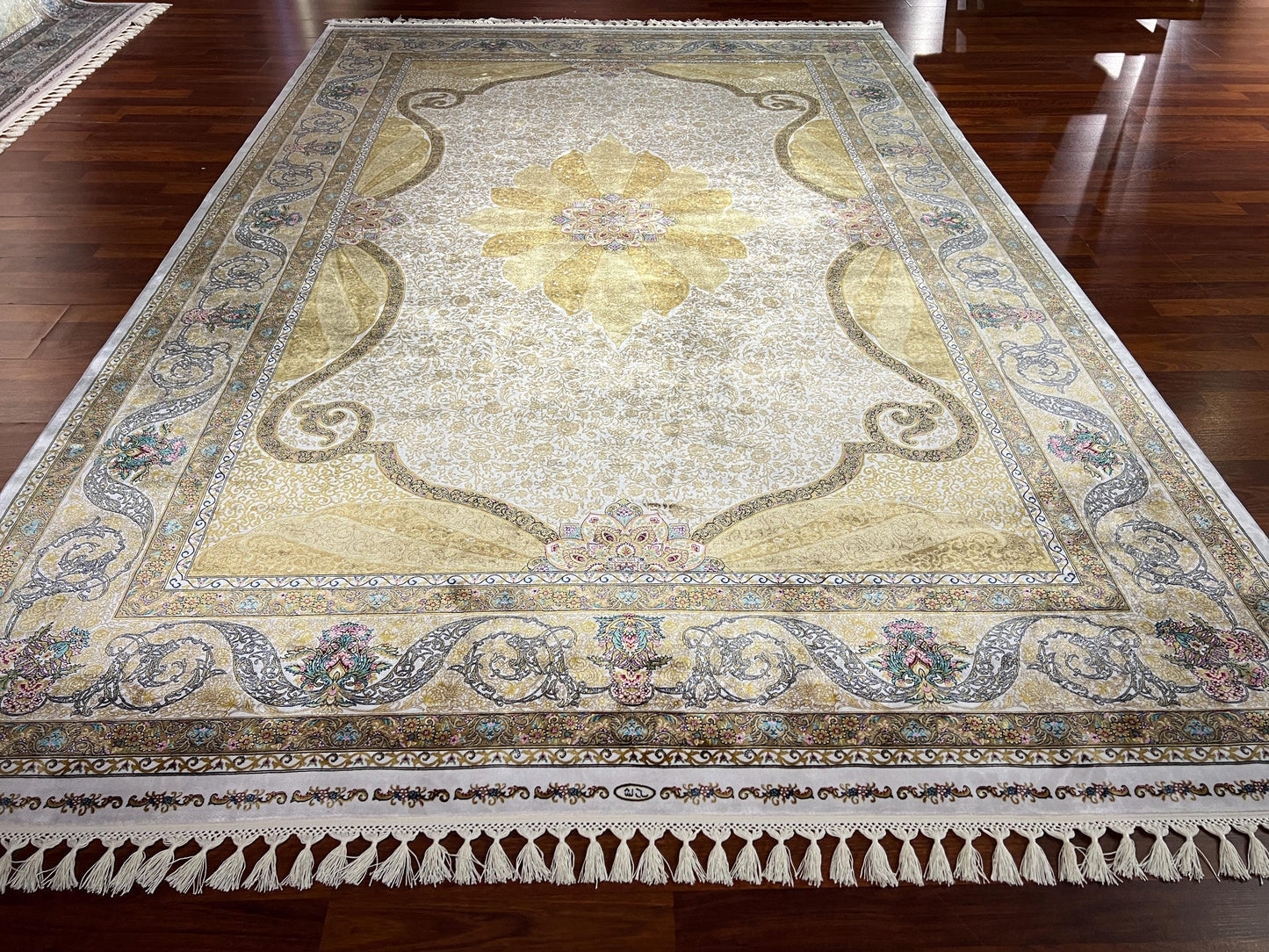 7x10 ft Gold Silk Rug, Classic Medallion Luxury Area Rug, Elegant Palace Style Living Room Carpet