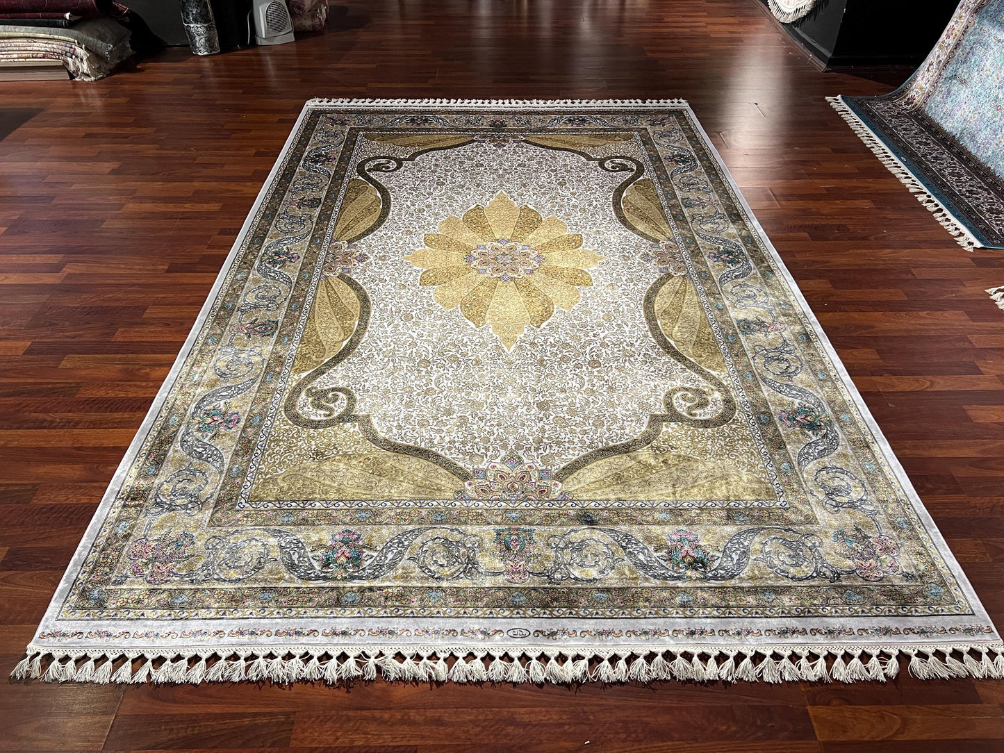 7x10 ft Gold Silk Rug, Classic Medallion Luxury Area Rug, Elegant Palace Style Living Room Carpet