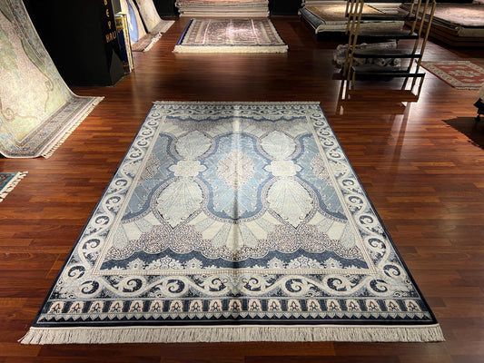 7x10 ft Blue Beige Silk Rug, Elegant Classic Medallion Area Rug, Luxury Living Room Carpet