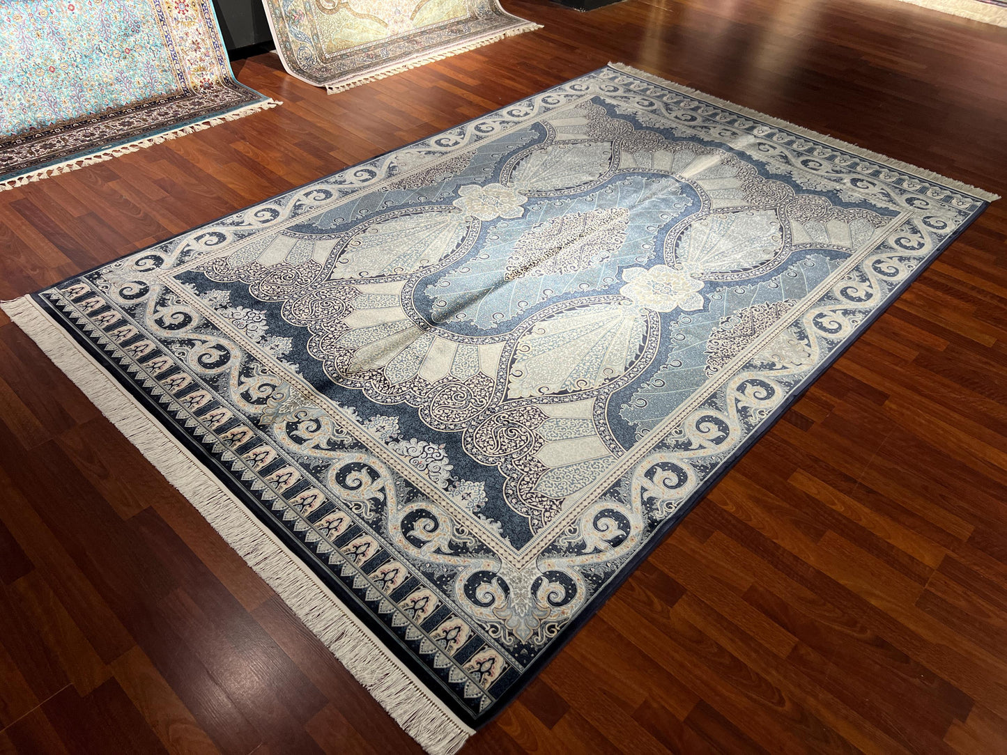 7x10 ft Blue Beige Silk Rug, Elegant Classic Medallion Area Rug, Luxury Living Room Carpet