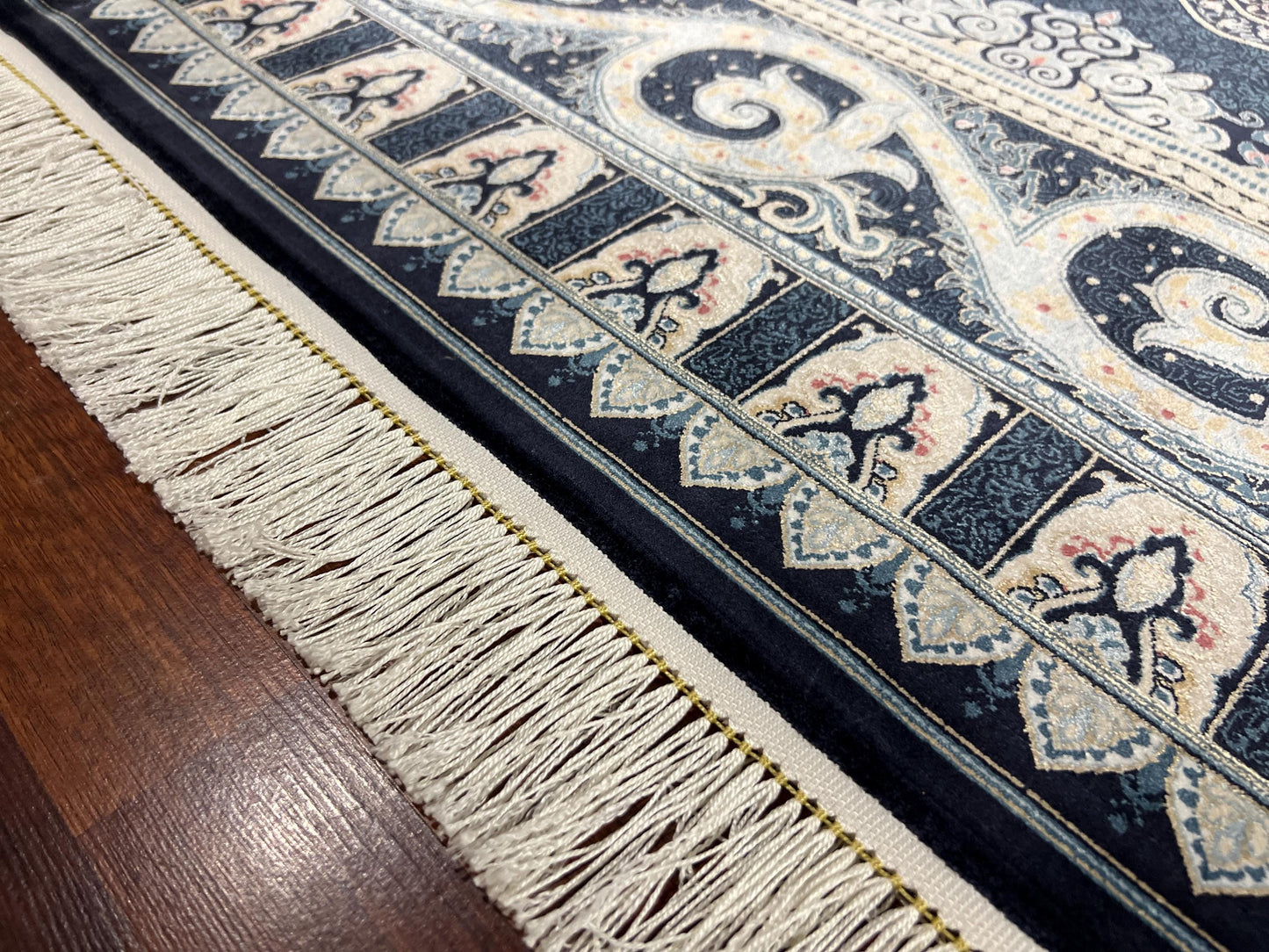 7x10 ft Blue Beige Silk Rug, Elegant Classic Medallion Area Rug, Luxury Living Room Carpet
