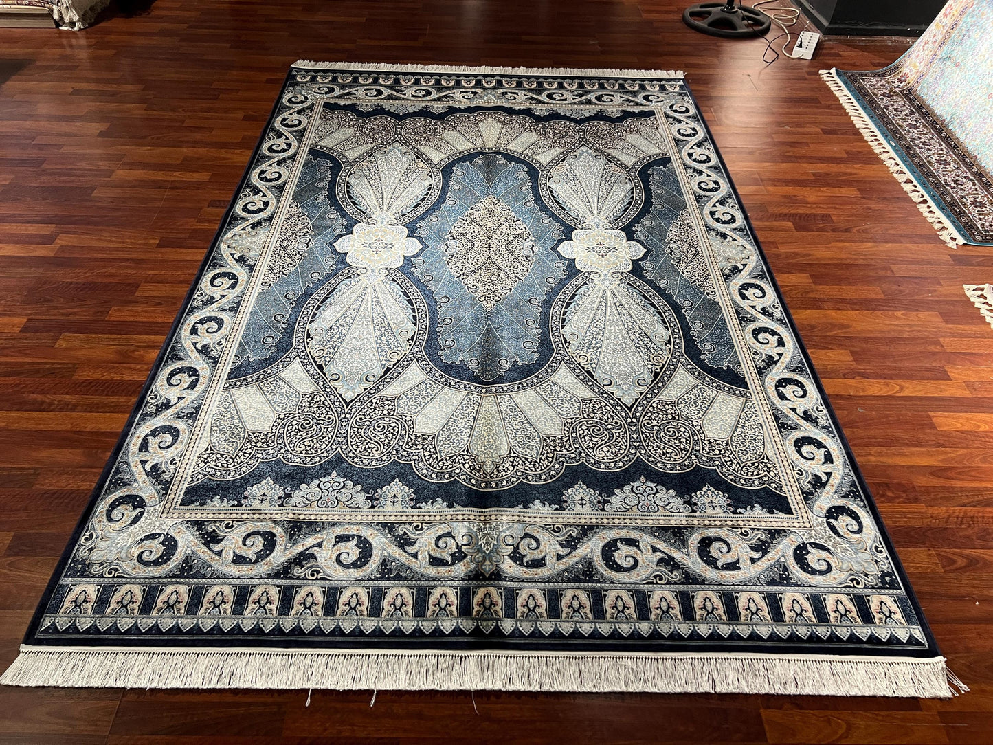 7x10 ft Blue Beige Silk Rug, Elegant Classic Medallion Area Rug, Luxury Living Room Carpet