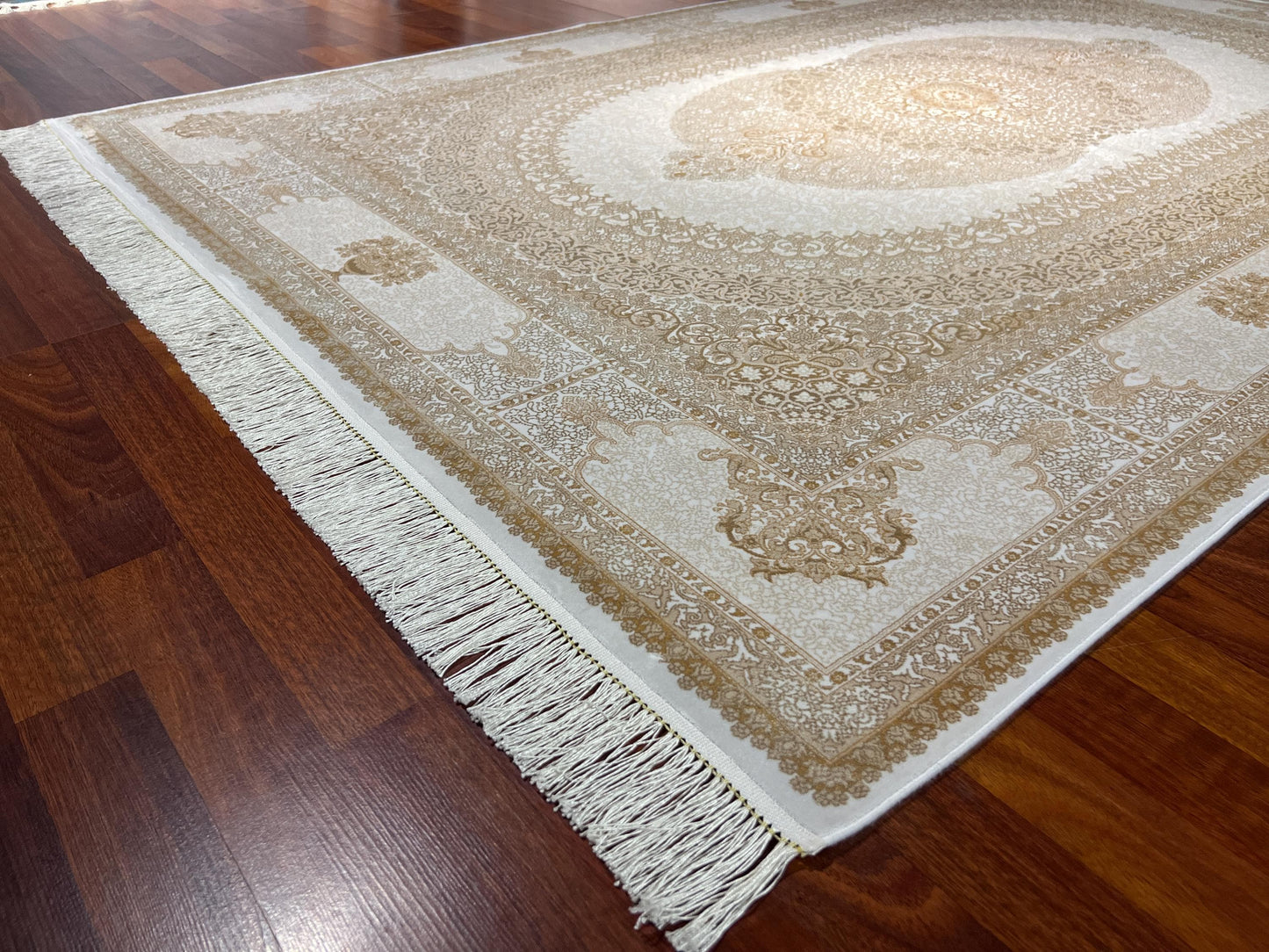 7x10 ft Beige Silk Rug, Elegant Classic Medallion Area Rug, Luxury Neutral Living Room Carpet