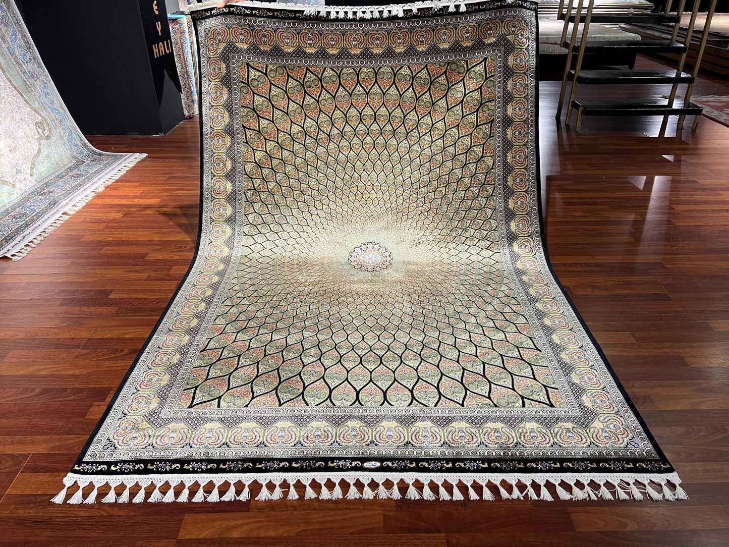 7x10 ft Tree Pattern Silk Rug, Elegant Medallion Luxury Area Rug, Unique Classic Living Room Carpet