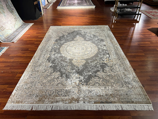 7x10 ft Gold Beige Silk Rug, Distressed Medallion Luxury Area Rug, Elegant Vintage Style Living Room Carpet