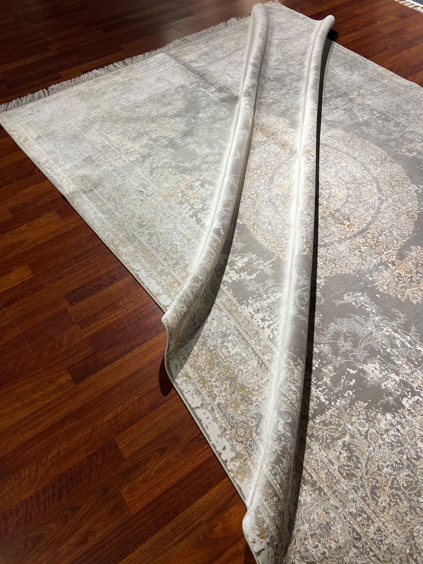 7x10 ft Gold Beige Silk Rug, Distressed Medallion Luxury Area Rug, Elegant Vintage Style Living Room Carpet