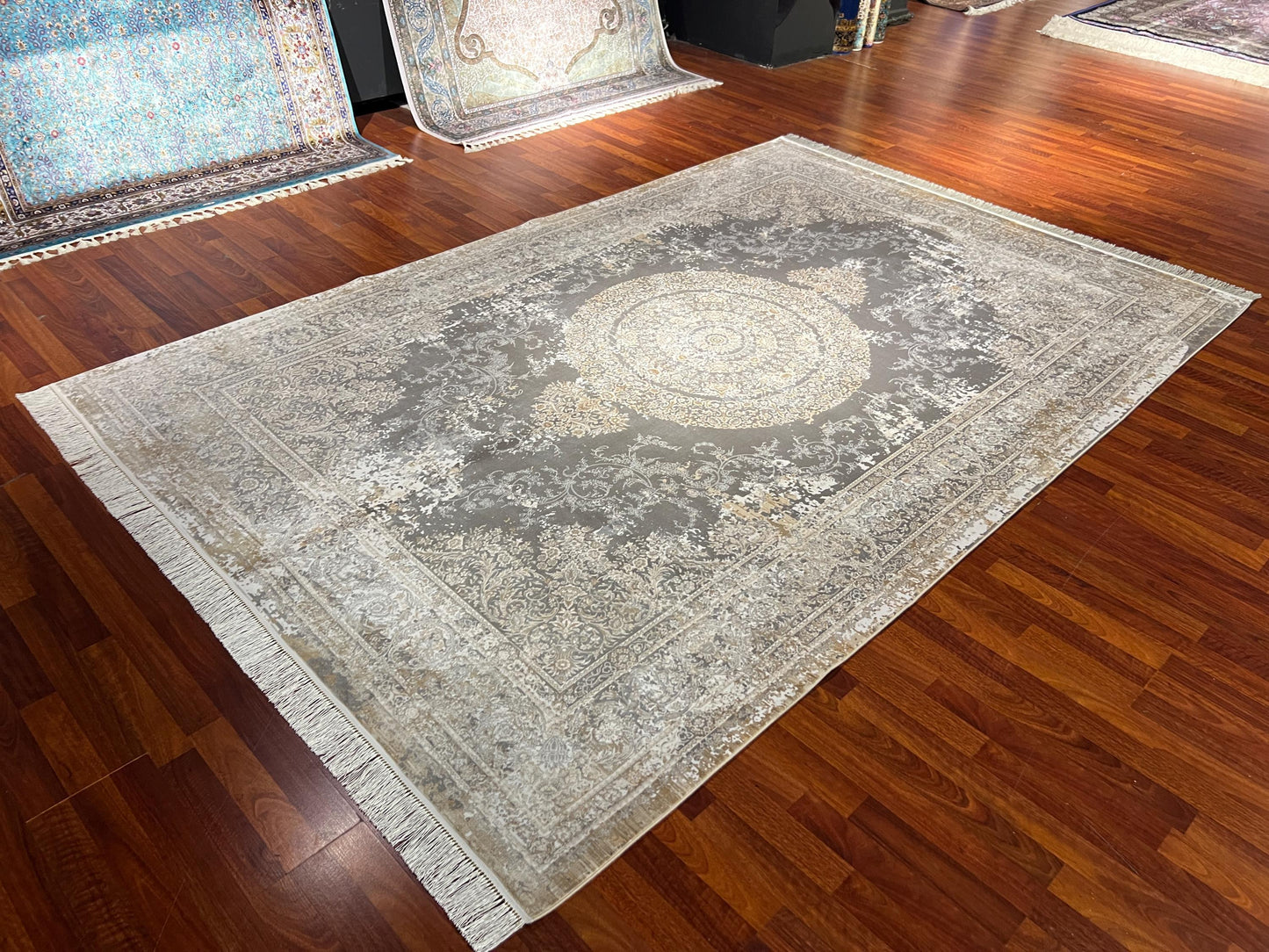 7x10 ft Gold Beige Silk Rug, Distressed Medallion Luxury Area Rug, Elegant Vintage Style Living Room Carpet