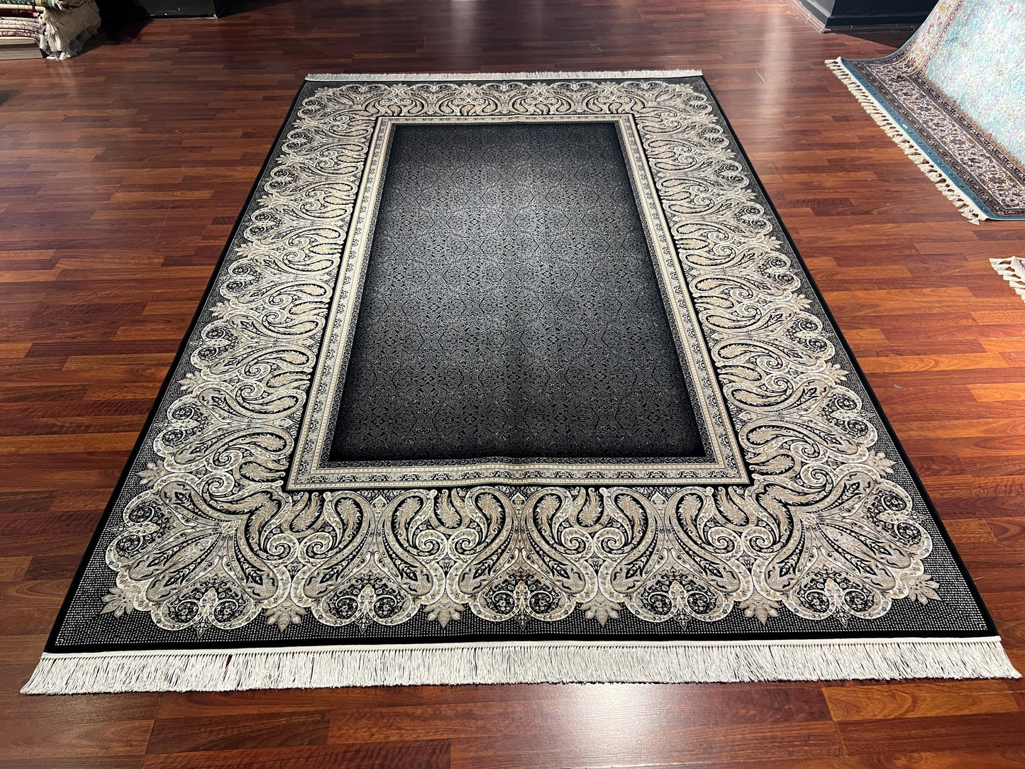 7x10 ft Black Gray Silk Rug, Luxury Border Design Area Rug, Elegant Statement Living Room Carpet