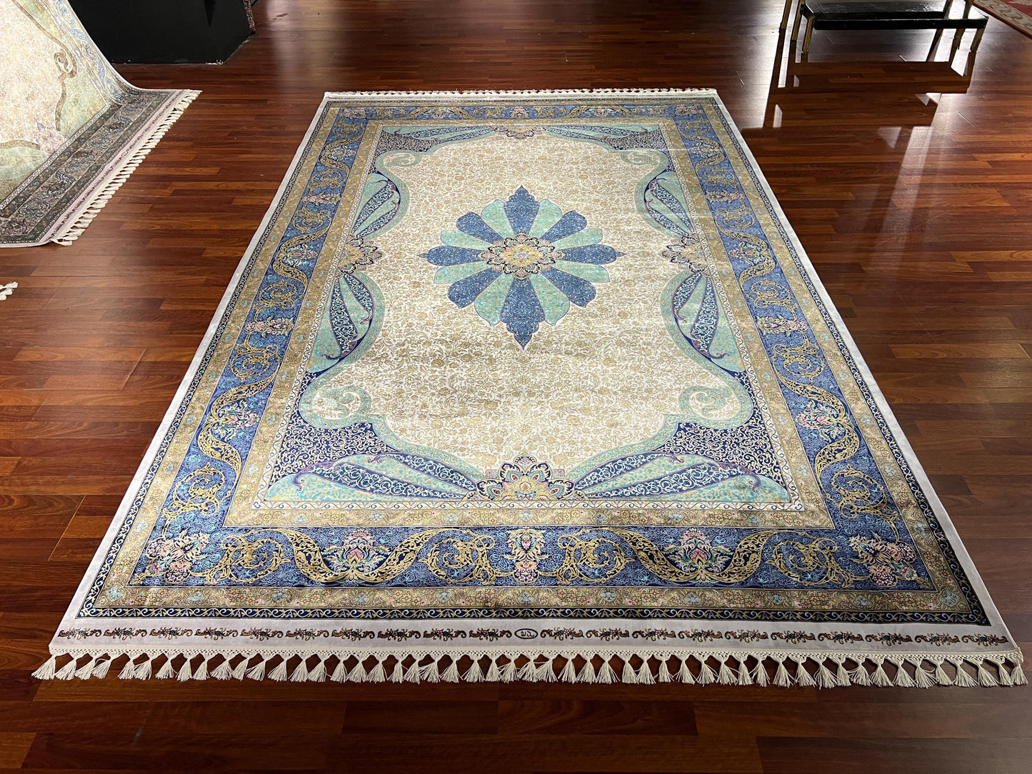 7x10 Blue Beige Silk Rug, Floral Medallion Area Rug, Luxury Soft Silk Carpet, Elegant Living Room Rug, Fringe Classic Rug