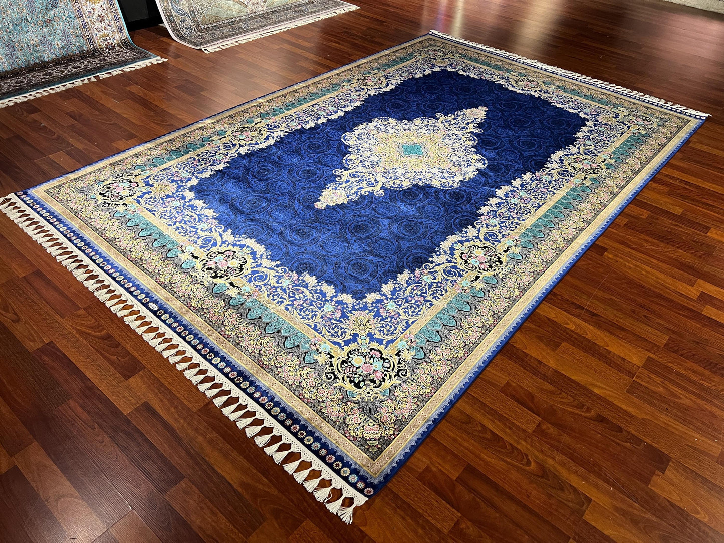 7x10 Royal Blue Silk Rug, Floral Medallion Luxury Area Rug, Elegant Classic Silk Carpet, Soft Premium Living Room Rug