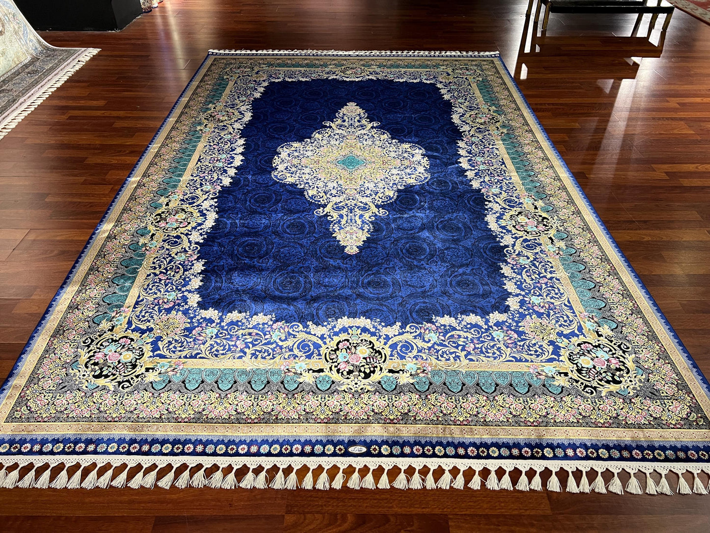 7x10 Royal Blue Silk Rug, Floral Medallion Luxury Area Rug, Elegant Classic Silk Carpet, Soft Premium Living Room Rug