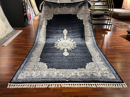7x10 Black Silk Rug, Luxury Medallion Area Rug, Elegant Dark Classic Carpet, Premium Soft Living Room Rug