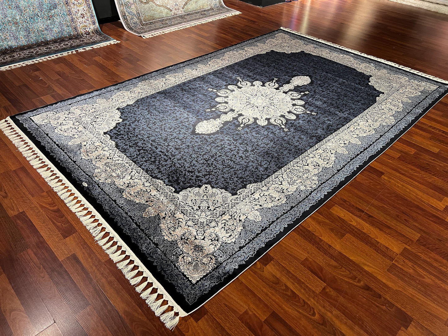 7x10 Black Silk Rug, Luxury Medallion Area Rug, Elegant Dark Classic Carpet, Premium Soft Living Room Rug