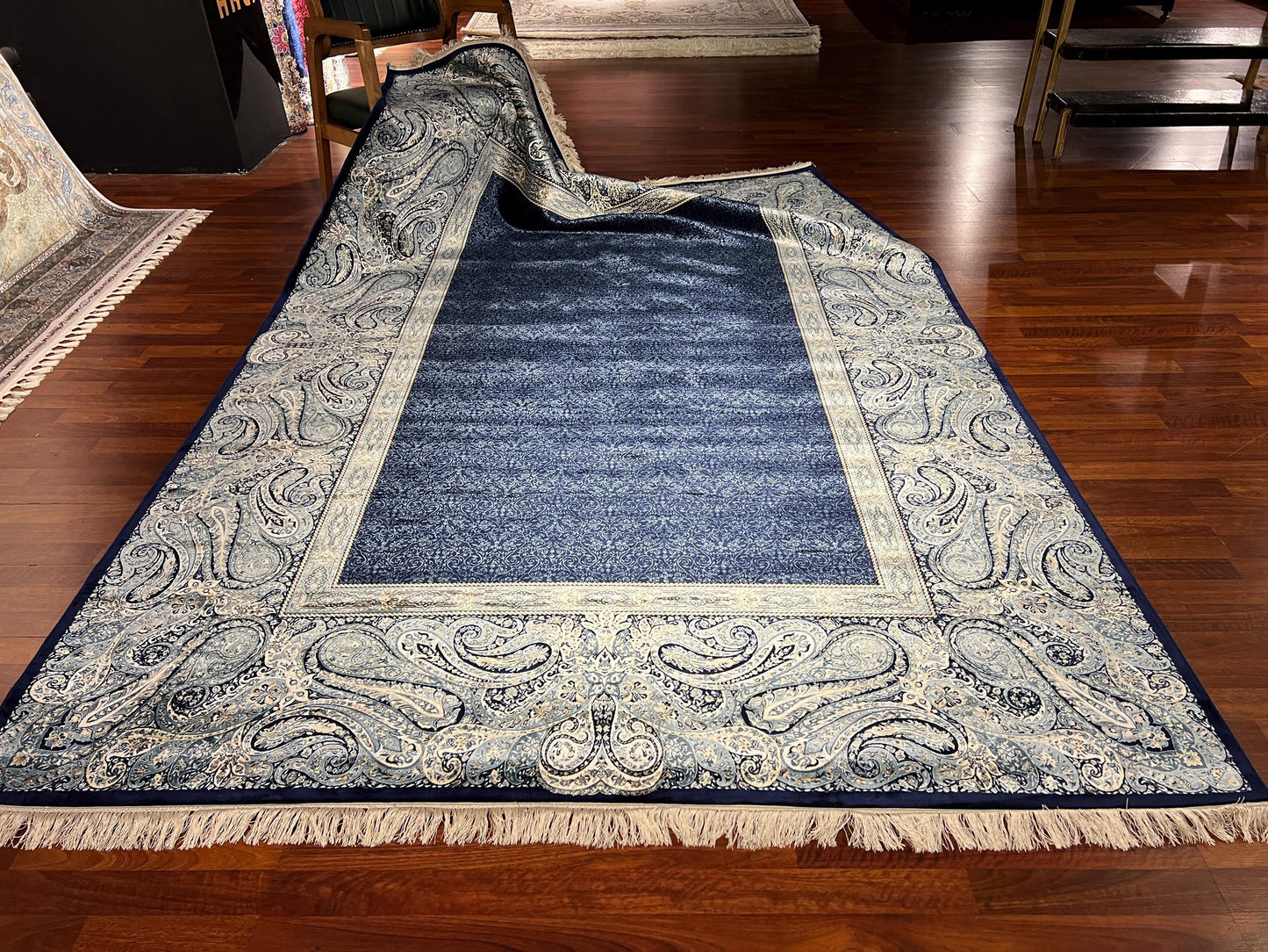 7x10 Navy Blue Silk Rug, Elegant Border Pattern Area Rug, Luxury Soft Silk Carpet, Classic Living Room Rug