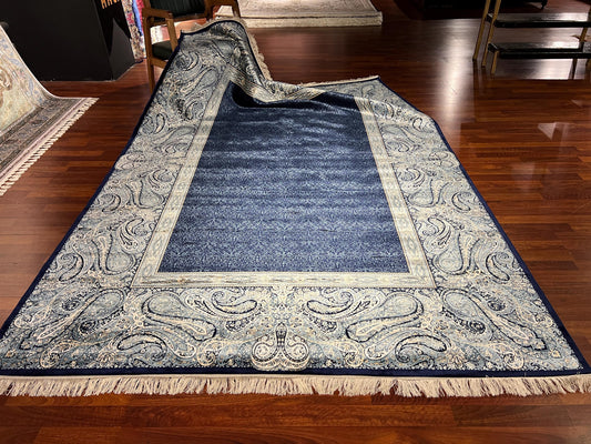 7x10 Navy Blue Silk Rug, Elegant Border Pattern Area Rug, Luxury Soft Silk Carpet, Classic Living Room Rug