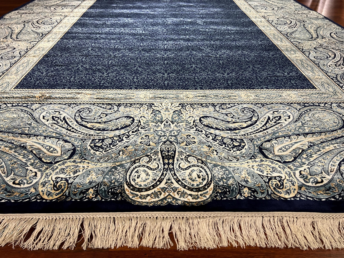 7x10 Navy Blue Silk Rug, Elegant Border Pattern Area Rug, Luxury Soft Silk Carpet, Classic Living Room Rug