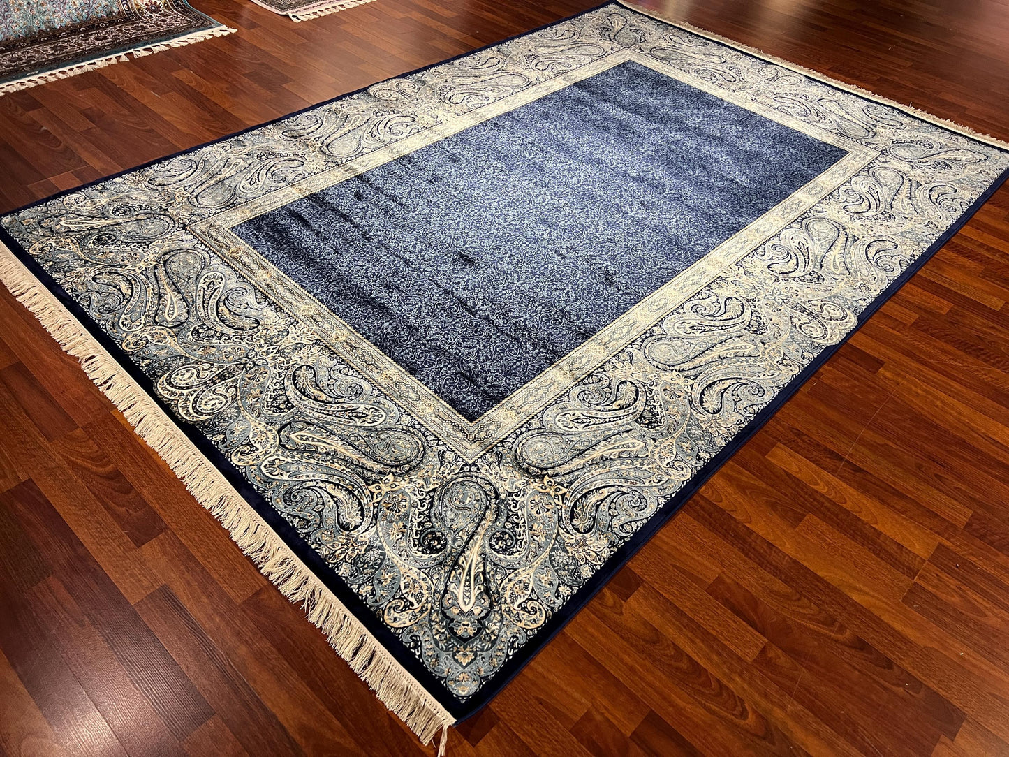 7x10 Navy Blue Silk Rug, Elegant Border Pattern Area Rug, Luxury Soft Silk Carpet, Classic Living Room Rug