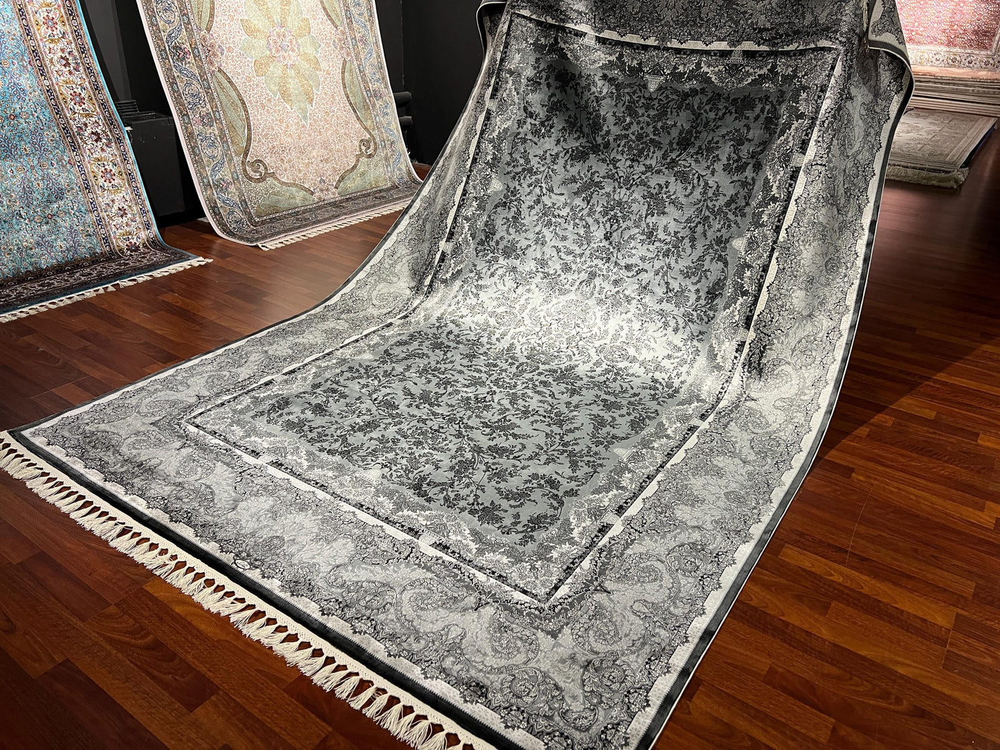 7x10 Gray Silk Rug, Elegant Floral Pattern Area Rug, Luxury Soft Silk Carpet, Modern Classic Living Room Rug