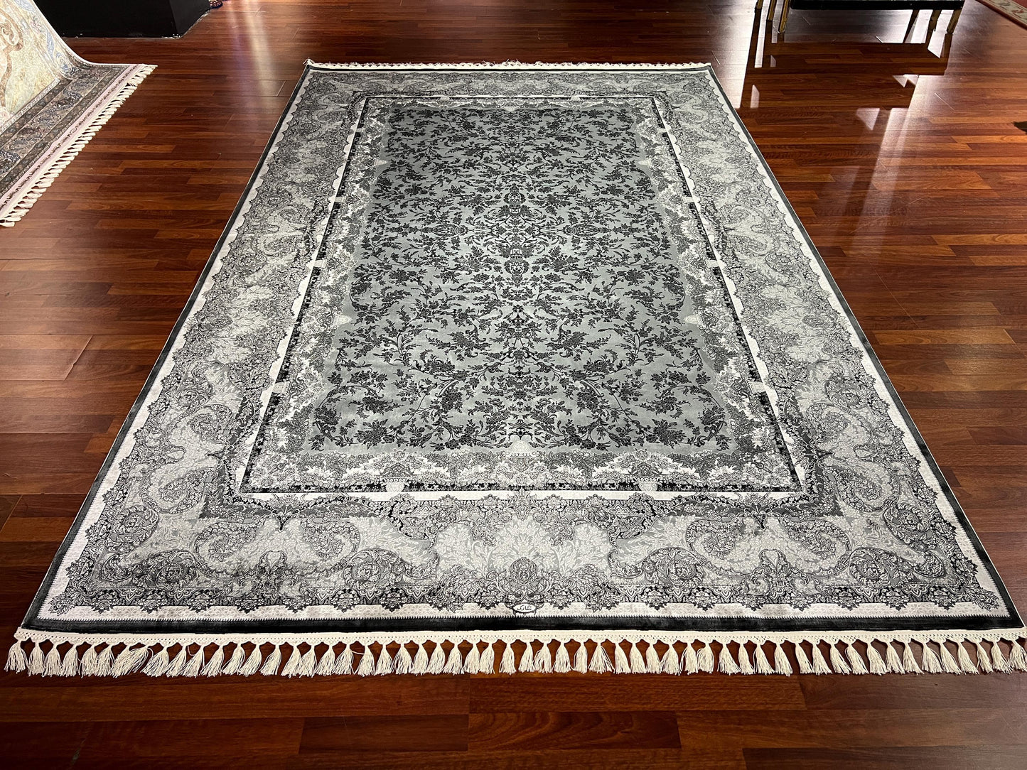 7x10 Gray Silk Rug, Elegant Floral Pattern Area Rug, Luxury Soft Silk Carpet, Modern Classic Living Room Rug