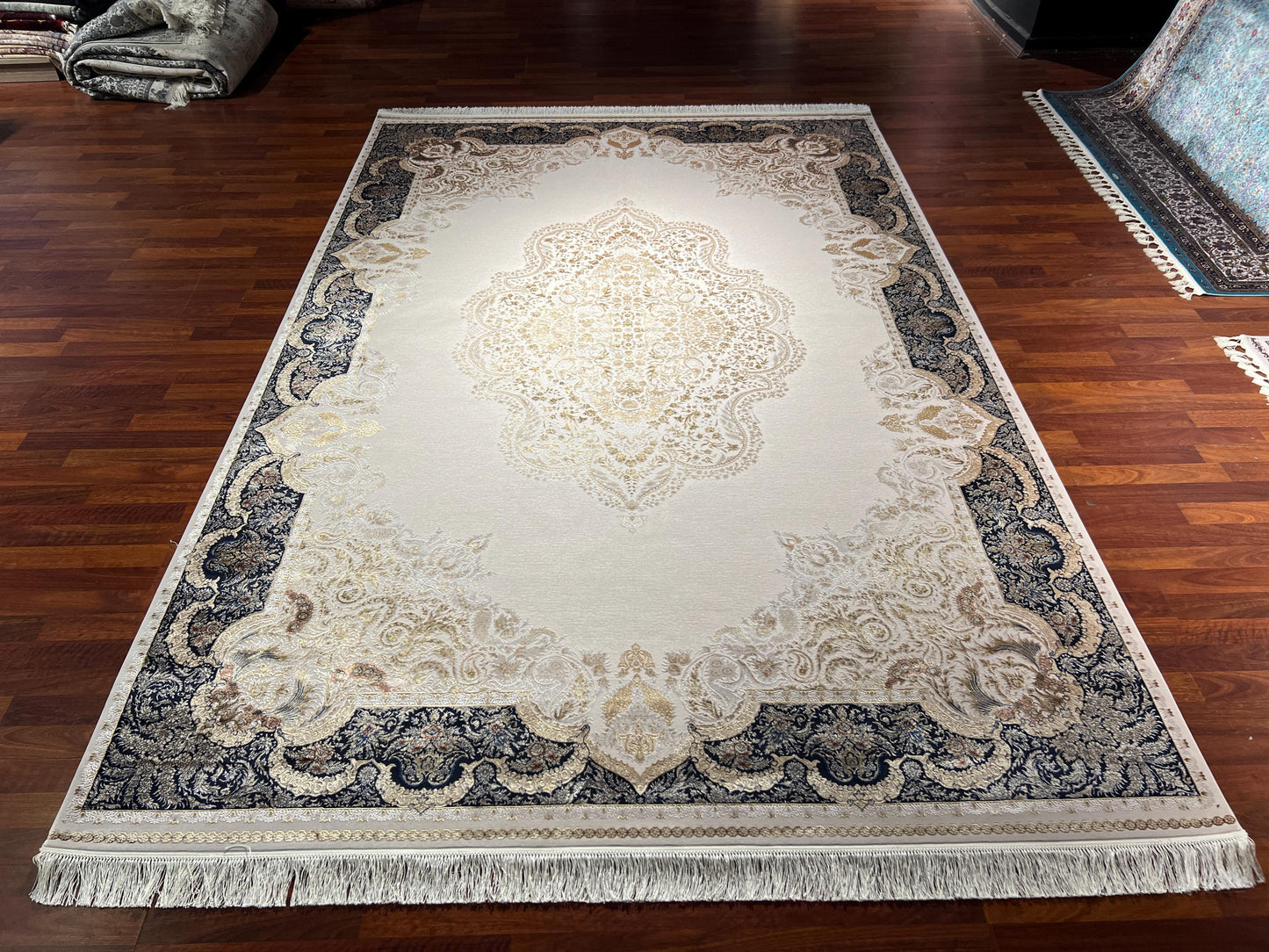 7x10 Classic Silk Rug, Beige Blue Elegant Area Rug, Luxury Silk Carpet, Ornamental Living Room Rug