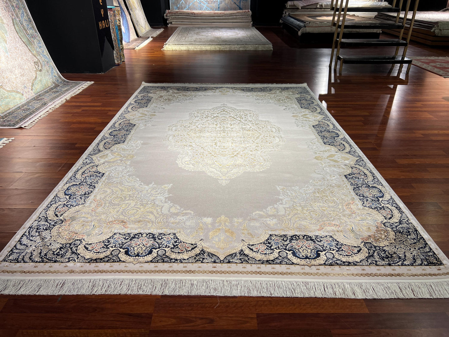 7x10 Classic Silk Rug, Beige Blue Elegant Area Rug, Luxury Silk Carpet, Ornamental Living Room Rug